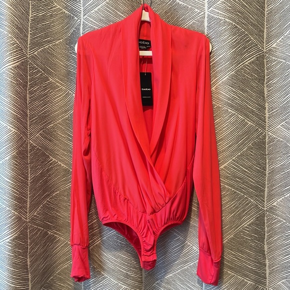 Bebe Cutout Sleeve Silk Wrap Bodysuit Teaberry XS - Picture 7 of 15